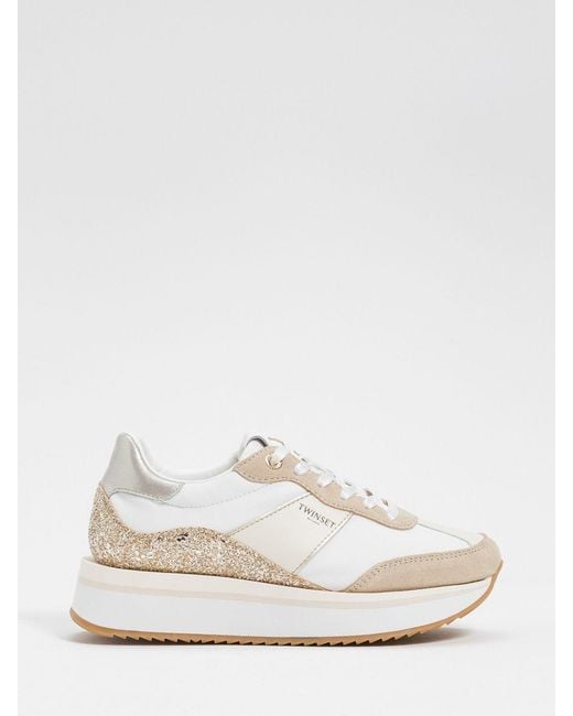 Twinset White Suede And Nylon Glitter Sneakers
