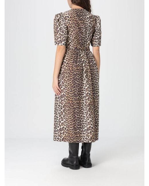 Ganni Brown Animal Print Cotton Midi Dress