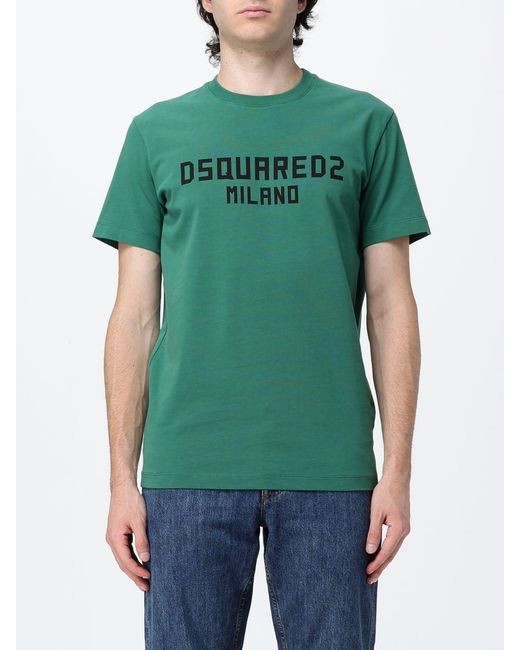 DSquared² Green Short-Sleeved Cotton T-Shirt With Contrasting Logo Print for men
