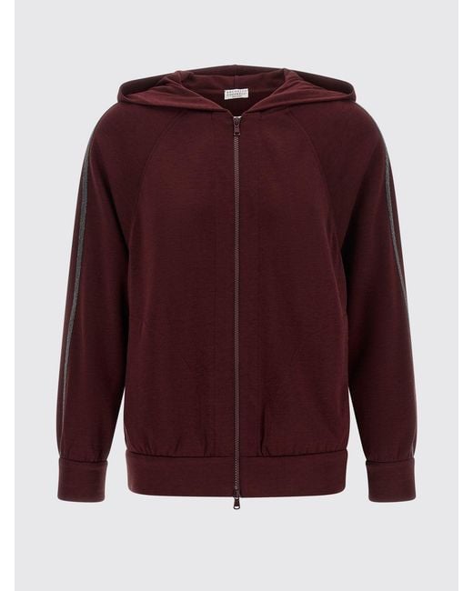 Brunello Cucinelli Red Cotton-Silk Blend Hooded Zip-Up Sweatshirt With Monili