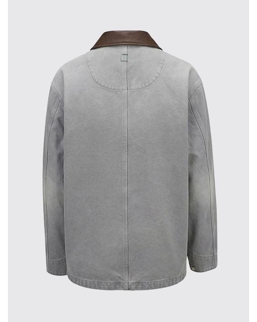 Wooyoungmi Gray Cotton Denim Jacket With Leather Collar And Dropped Shoulders for men