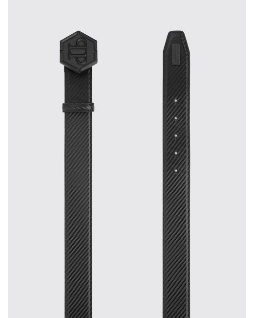 Philipp Plein White Embossed Leather Belt With Hexagon Monogram Buckle for men