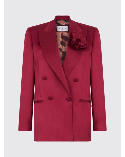 Philipp Plein Red Short Double-Breasted Satin Blazer With Flower Appliqué