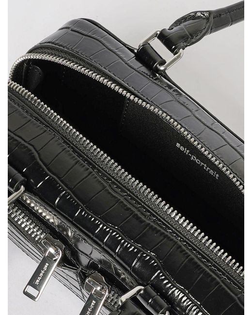 Self-Portrait Black Mini Croc-Effect Leather Shoulder Bag