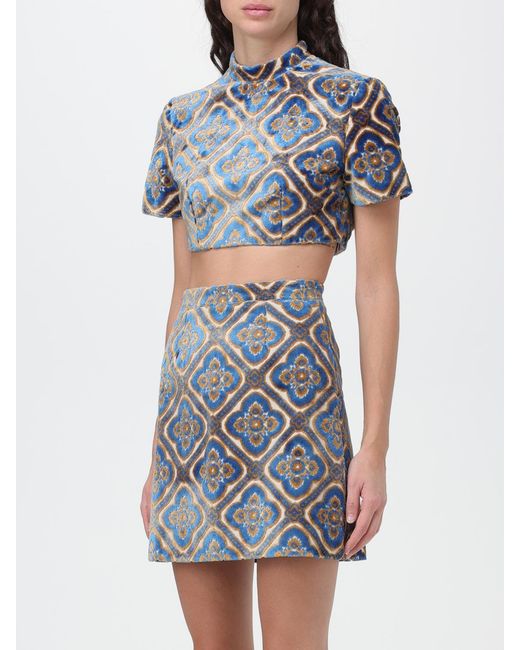 Etro Blue Top In Viscose And Cotton Jacquard Velvet