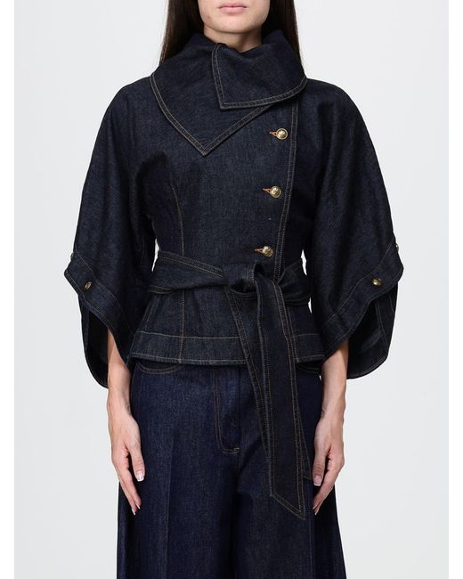 Zimmermann Blue Valiant Cropped High-Neck Denim Jacket With Asymmetric Fastening