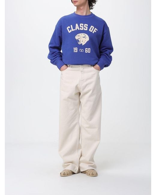 Valentino Blue Cotton Crew Neck Sweatshirt With Logo for men