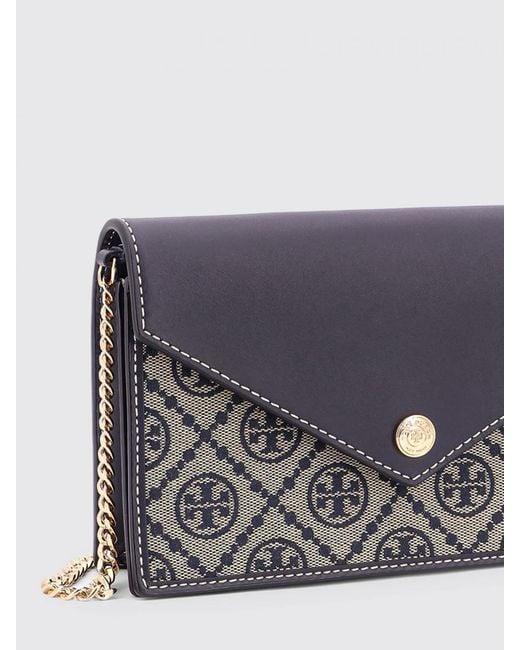 Tory Burch Blue East-West T Monogram Jacquard Cotton Blend And Leather Bag