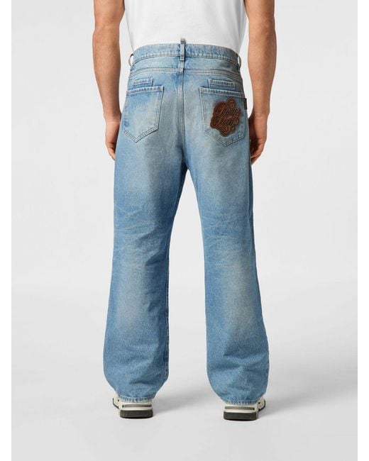 Philipp Plein Blue Wide Leg Cotton Jeans for men