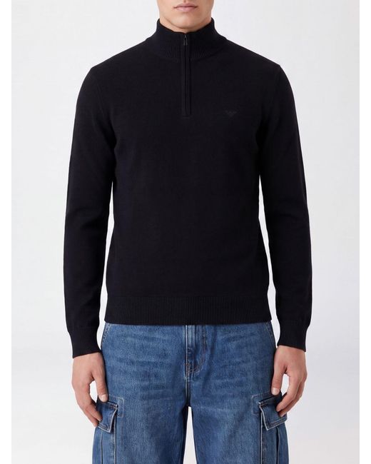 Emporio Armani Blue Cotton Turtleneck Sweater With A Half-Zip Closure for men