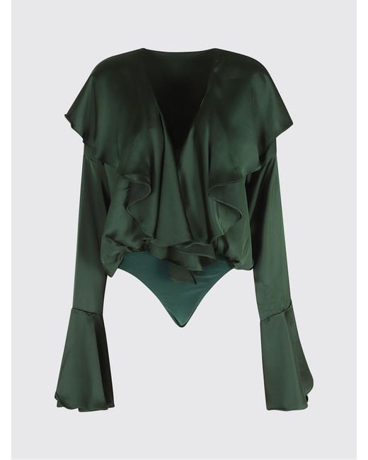 Norma Kamali Green Ruffled Satin Bodysuit Blouse