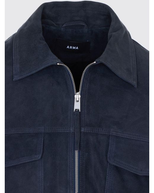 Arma Blue Suede Leather Shirt Jacket With Two-Way Zip Closure for men