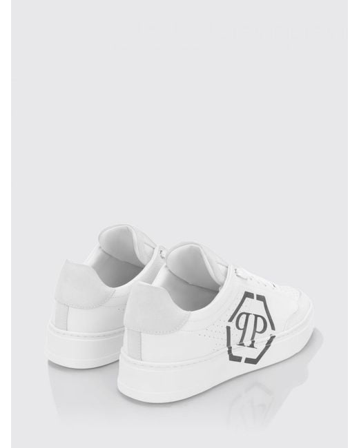 Philipp Plein White Monogram Calf Leather Low-Top Sneakers With Hexagon Logo for men