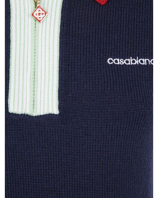 Casablanca Blue Wool Knit Polo Shirt With Zip And Contrast Trims