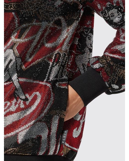 Philipp Plein Red High Neck Zip-Up Jersey Sweatshirt With Graphic Print And Rhinestones for men