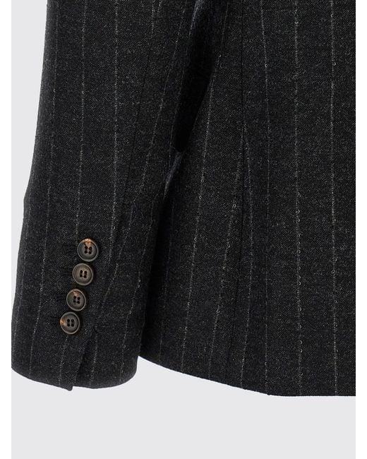 Brunello Cucinelli Blue Pinstripe Short Double-Breasted Wool Blazer With Peak Lapels