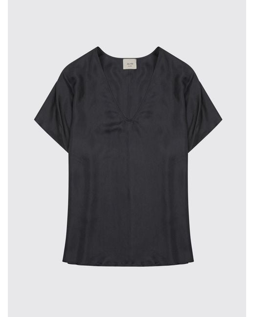 Alysi Black V-Neck Pure Silk Blouse With Short Sleeves And A Straight Cut