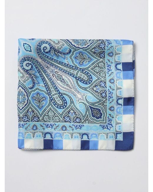 Etro Blue Paisley Floral Print Silk Pocket Square for men