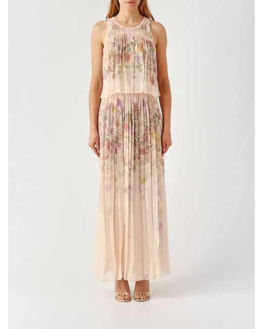 Twinset Natural Long Crêpe Dress With Floral Print
