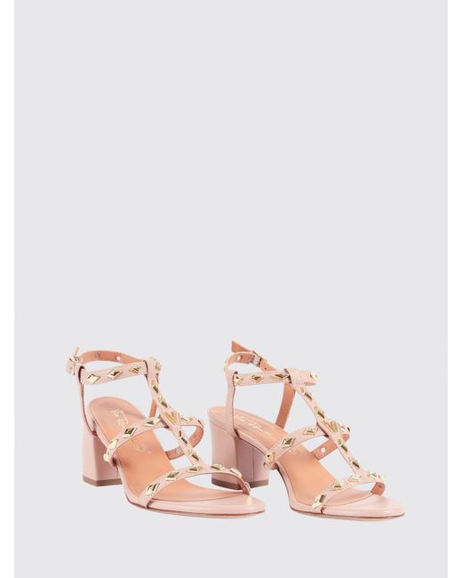 Via Roma 15 Pink Leather Sandals With Studs