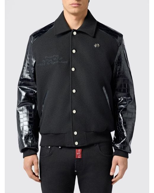 Philipp Plein Black Crocodile-Effect Calfskin Leather Varsity Bomber for men
