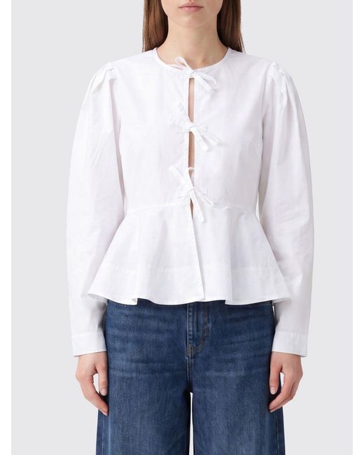 Ganni White Cropped Cotton Jacket With Ruched Shoulders And Tie Fastening