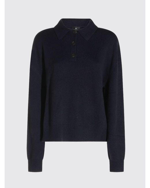 Anine Bing Blue Long-Sleeved 100% Cashmere Knit Polo Shirt With Dropped Shoulders