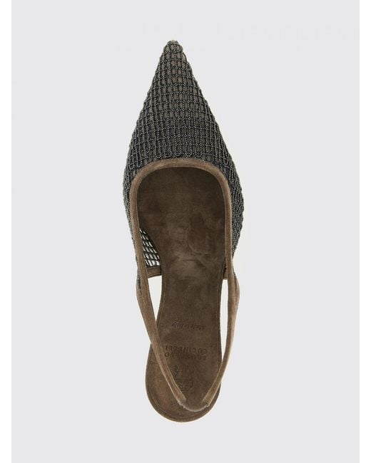 Brunello Cucinelli Brown Suede And Mesh Nylon Slingback Pumps With Monili