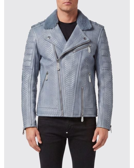 Philipp Plein Blue Snake Leather Biker Jacket for men