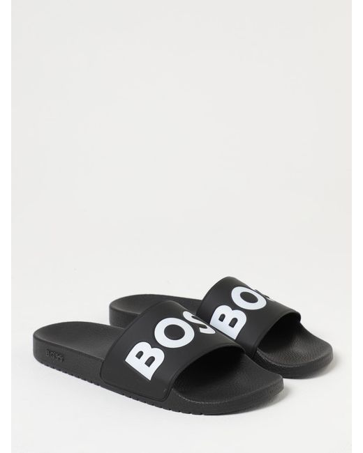Boss White Rubber Sliders With Logo Print for men