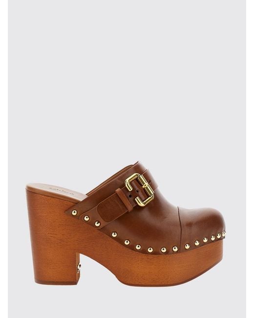 Chloé Brown ChloÉ Jeanette Calfskin Sabot Mules With High Heel And Studs