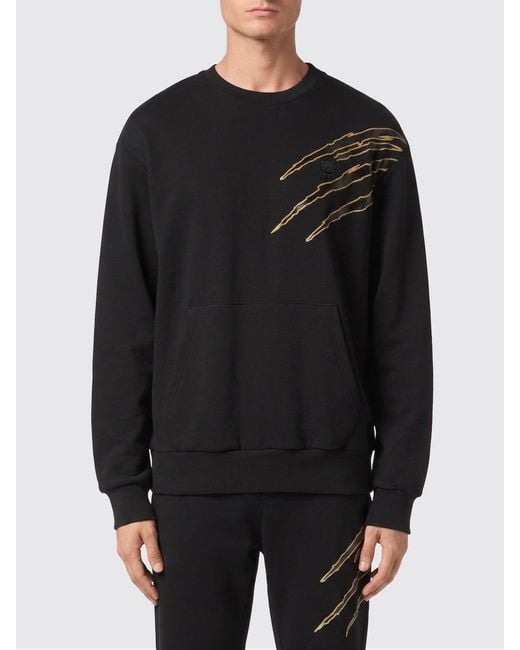 Philipp Plein Black Contrast Logo Cotton Crewneck Sweatshirt With Dropped Shoulders for men