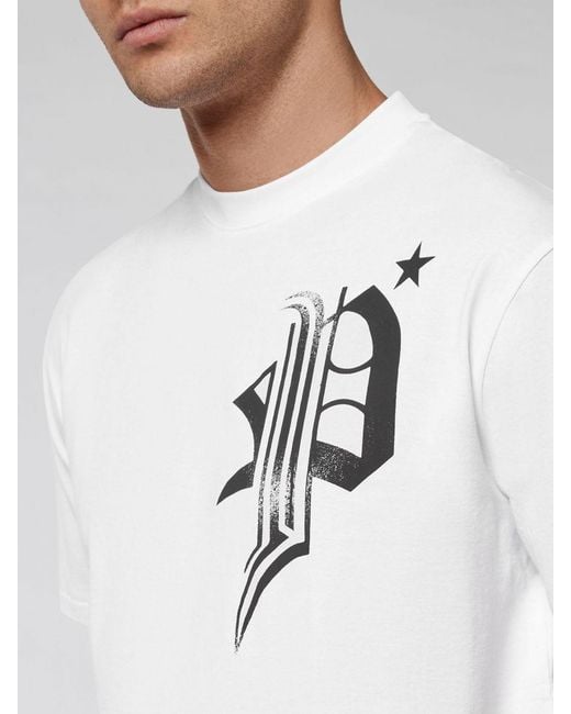 Philipp Plein White Cotton T-Shirt With Graphic Print And Rear Logo for men