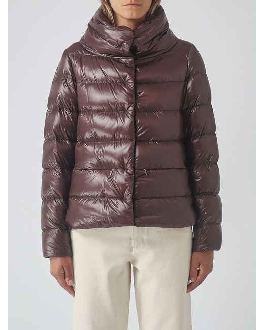 Herno Brown Short Quilted Ultralight Nylon Down Jacket With High Neck And Drawstring