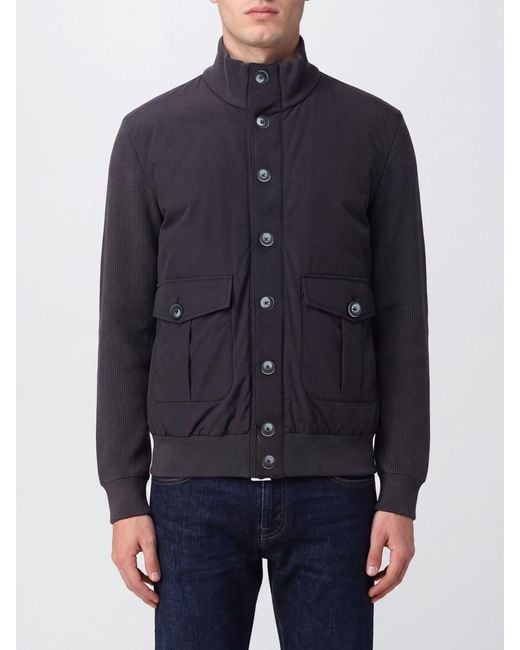 Herno Blue Cotton Bomber Jacket With High Neck And Button Closure for men