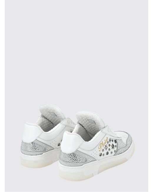 Philipp Plein White Low-Top Leather And Suede Sneakers With Studs And Rhinestones for men