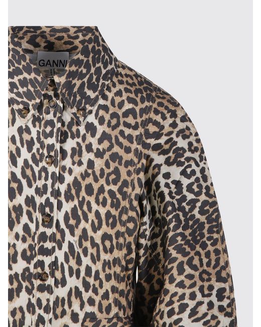 Ganni Black Animal Print Organic Cotton Peplum Shirt