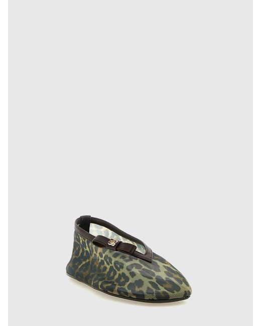 Ganni Green Jenny Animalier Print Mesh Nylon Ballerina Flats With Bow