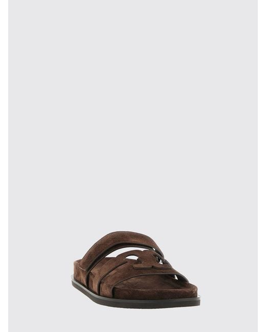 Tory Burch Brown Ines Sport Suede Leather Slides With Cut-Out Logo