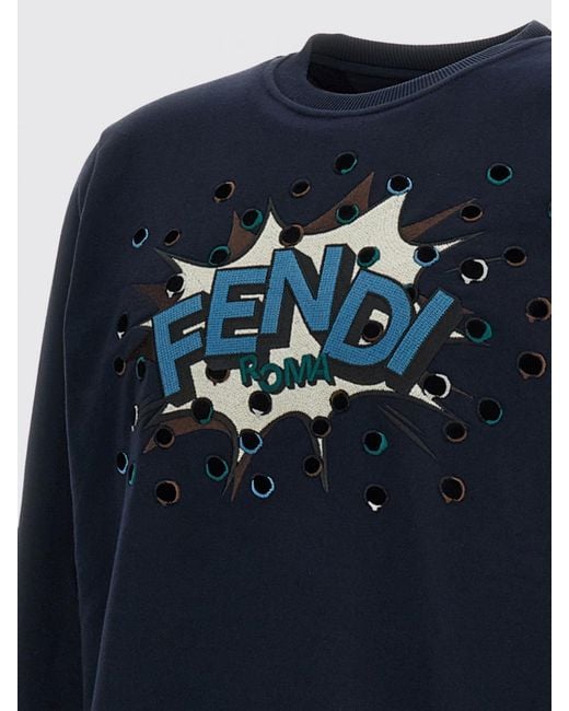 Fendi Blue Cotton Crewneck Sweatshirt With Cartoon Effect Logo for men
