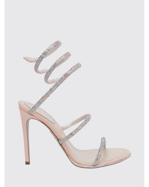 Rene Caovilla White Cleo Fabric Sandals With Rhinestones And Spiral Snake Strap