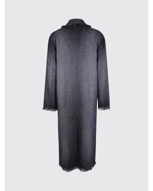 Avant Toi Blue Virgin Wool-Blend Coat With Shawl Collar And Fringed Hem