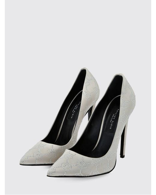 Philipp Plein White Satin Pumps With Rhinestone Hexagon
