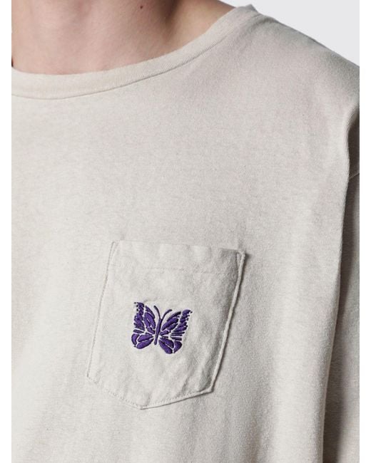 Needles Natural Relaxed Fit Cotton T-Shirt With Embroidered Butterfly On The Chest for men