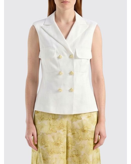 Genny White Double-Breasted Linen Vest With Peak Lapels And Patch Pockets