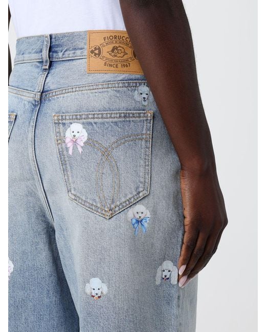 Fiorucci Blue Printed Denim Wide Leg Jeans