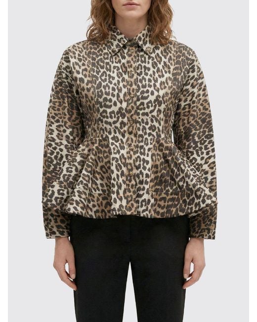 Ganni Black Animal Print Organic Cotton Peplum Shirt