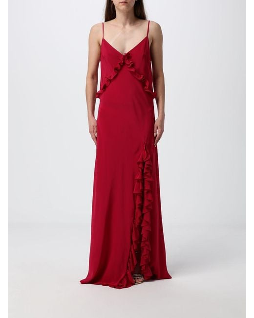 Crida Milano Red Ibisco Crêpe Maxi Gown With Ruffles And Front Slit