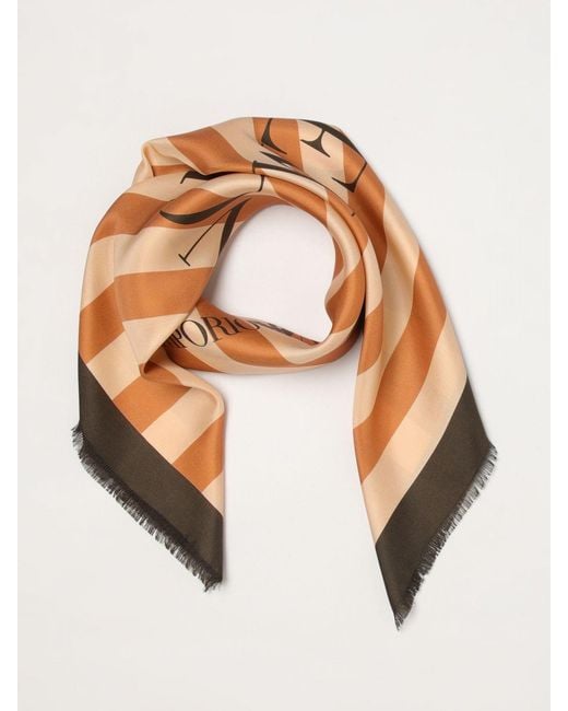 Emporio Armani Natural Striped Silk Scarf With Logo Print And Fringed Edges