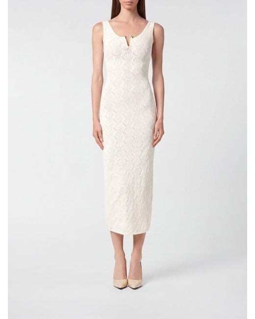 Philipp Plein White Jersey Midi Dress